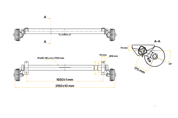 Brzděná náprava AL-KO EURO pro přívěs/nosič automobilů 1800 kg 1650 mm 2150 mm 5x112