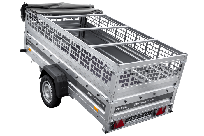Jednonápravový přívěs na pružinách 264x125 UNITRAILER FORCE 264/R KIPP s pletivovými bočnicemi, rámem H-0 a šedou plachtou
