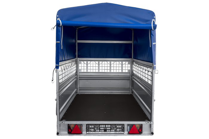 Přívěs za auto na pružinách 264x125 UNITRAILER FORCE 264/R KIPP s pletivovými bočnicemi, rámem H-800 a modrým krytem