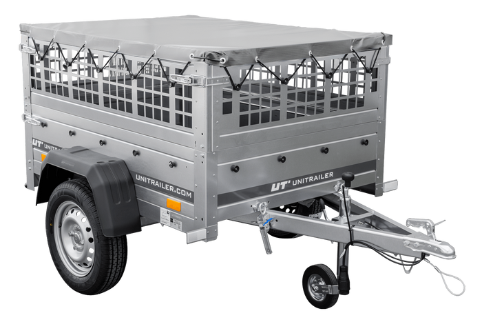 Přívěs za auto 150x106 UNITRAILER GARDEN 150 KIPP s pletivovými bočnicemi a šedou plachtou