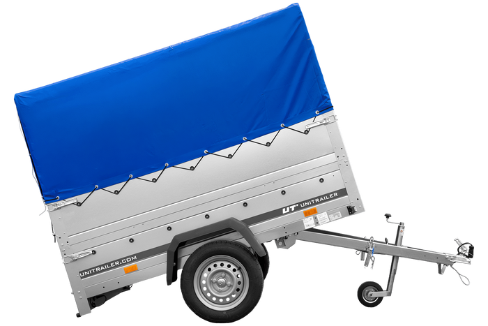 Jednonápravový přívěs 200x125 UNITRAILER GARDEN 201 KIPP s bočnicemi BIS, rámem H-800 a modrým krytem