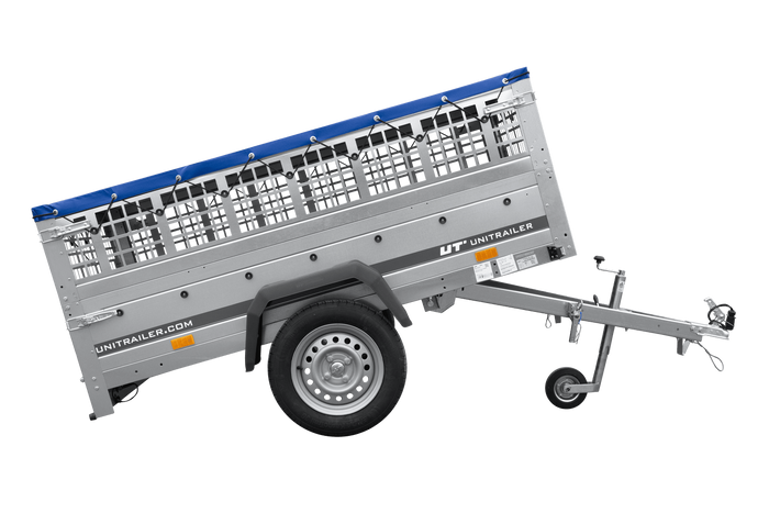 Jednonápravový přívěs 200x125 UNITRAILER GARDEN 201 KIPP s pletivovými bočnicemi a modrým krytem