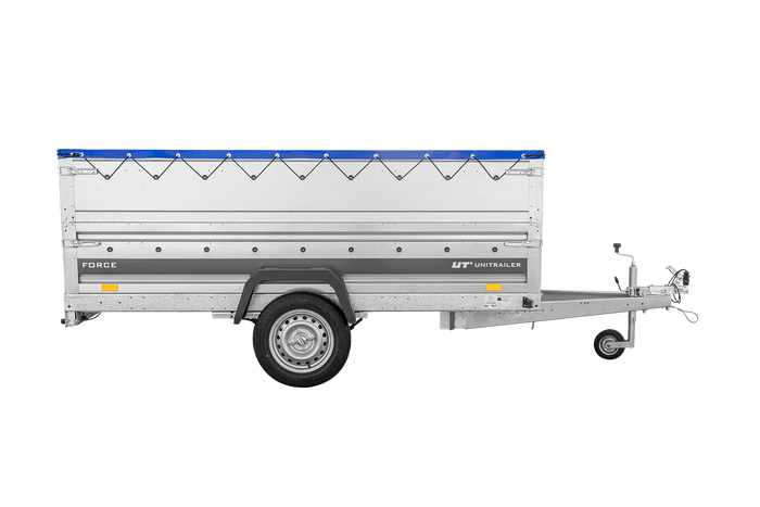 Jednonápravový přívěs na pružinách 264x125 UNITRAILER FORCE 264/R KIPP s bočnicemi BIS, rámem H-0 a modrou plachtou