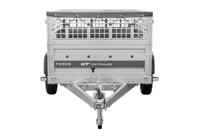 Jednonápravový přívěs 230x125 UNITRAILER FORCE 230 KIPP s pletivovými bočnicemi, rámem H-0 a šedým krytem