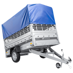 Jednonápravový přívěs 230x125 UNITRAILER FORCE 230 KIPP s pletivovými bočnicemi, rámem H-0 a modrým krytem