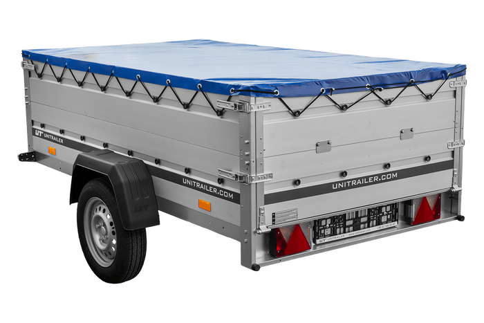 Jednonápravový přívěs s hliníkovými bočnicemi 230x125 Unitrailer Garden 230 KIPP ALU s bočnicemi BIS, rámem H-0 a modrým krytem