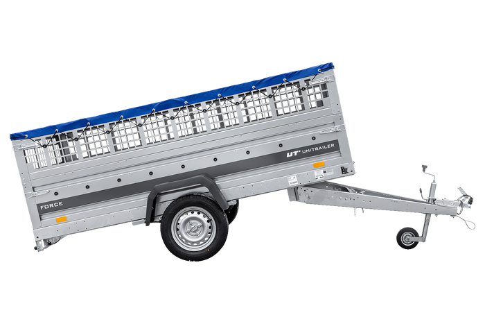 Jednonápravový přívěs na pružinách 264x125 UNITRAILER FORCE 264/R KIPP s pletivovými bočnicemi, rámem H-0 a modrou plachtou