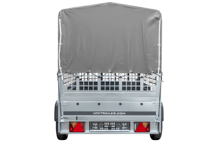 Přívěs za auto na pružinách 230x125 UNITRAILER GARDEN 230/R KIPP s pletivovými bočnicemi, rámem H-800 a šedým krytem