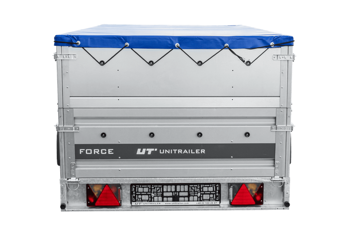 Jednonápravový přívěs na pružinách 264x125 UNITRAILER FORCE 264/R KIPP s bočnicemi BIS, rámem H-0 a modrou plachtou