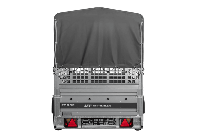 Přívěs pro auto 264x125 UNITRAILER FORCE 264 KIPP s pletivovými bočnicemi, rámem H-800 a šedým krytem