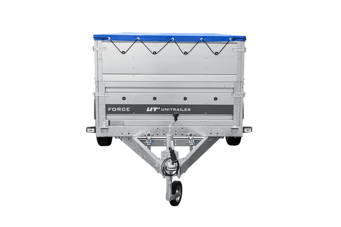 Jednonápravový přívěs na pružinách 264x125 UNITRAILER FORCE 264/R KIPP s bočnicemi BIS, rámem H-0 a modrou plachtou