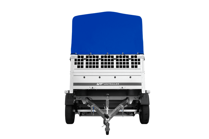 Jednonápravový přívěs na pružinách 200x125 UNITRAILER GARDEN 201/R KIPP s pletivovými bočnicemi, rámem H-800 a modrým krytem