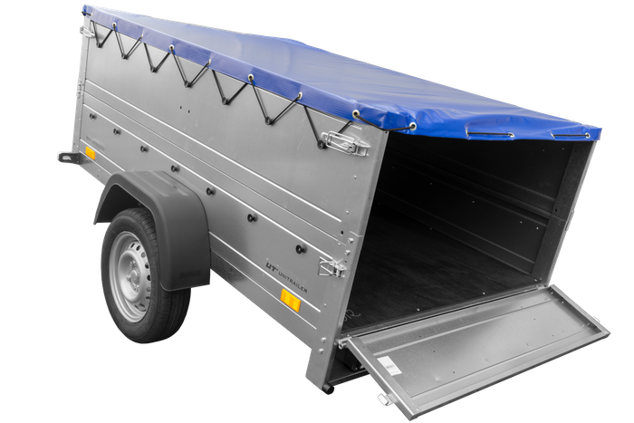 Přívěs za auto 200x125 UNITRAILER GARDEN 201 KIPP s bočnicemi BIS a modrou plachtou