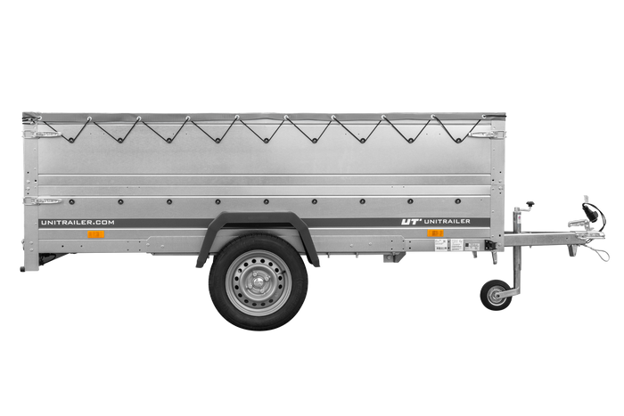 Jednonápravový přívěs na pružinách 264x125 UNITRAILER GARDEN 264/R KIPP s bočnicemi BIS, rámem H-0 a šedou plachtou