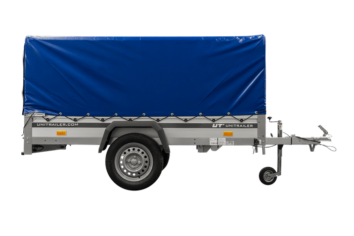 Jednonápravový přívěs s hliníkovými bočnicemi 230x125 Unitrailer Garden 230 KIPP ALU s rámem H-800 a modrým krytem