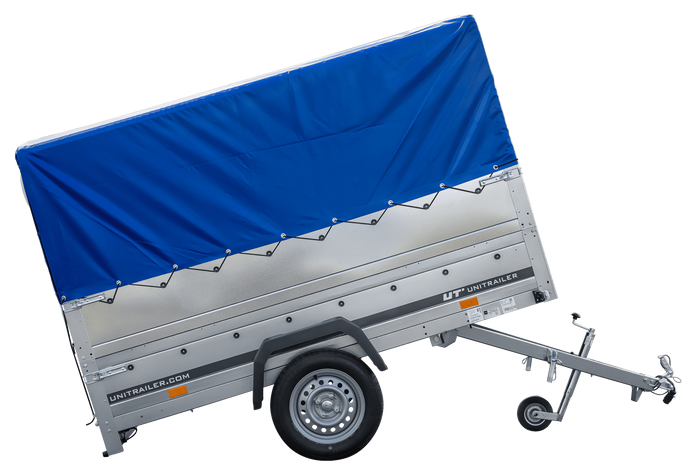Lehký přívěs 230x125 UNITRAILER GARDEN 230 KIPP s bočnicemi BIS, rámem H-800 a modrým krytem