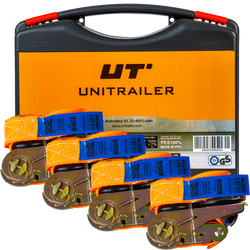 Sada čtyř oranžových přepravních pásů UNITRAILER 4m/25mm/0,68t s napínačem v kufru