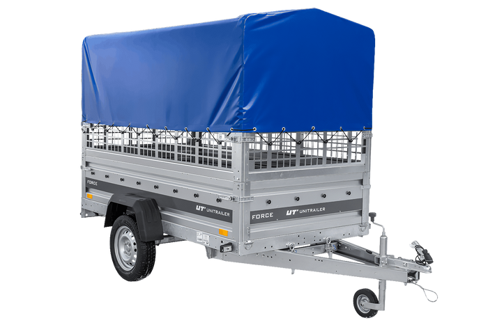 Jednonápravový přívěs 230x125 UNITRAILER FORCE 230 KIPP s pletivovými bočnicemi, rámem H-0 a modrým krytem