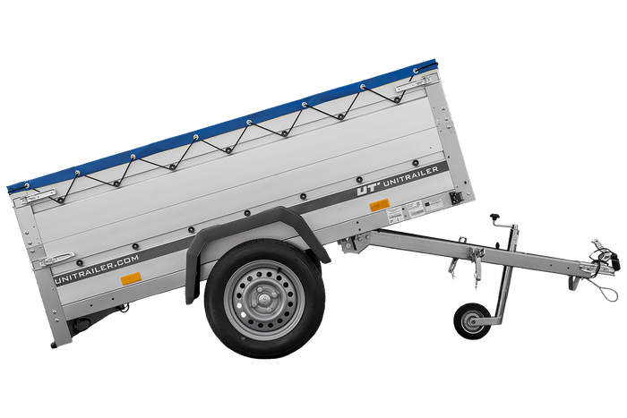 Přívěs za auto s hliníkovými bočnicemi 200x125 Unitrailer Garden 201 KIPP ALU s bočnicemi BIS, rámem H-0 a modrým krytem