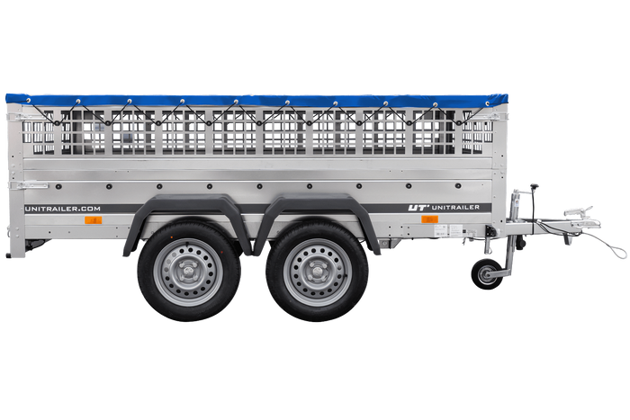 Lehký přívěs 264x150 UNITRAILER GARDEN 265/2 KIPP s pletivovými bočnicemi, rámem H-0 a modrým krytem