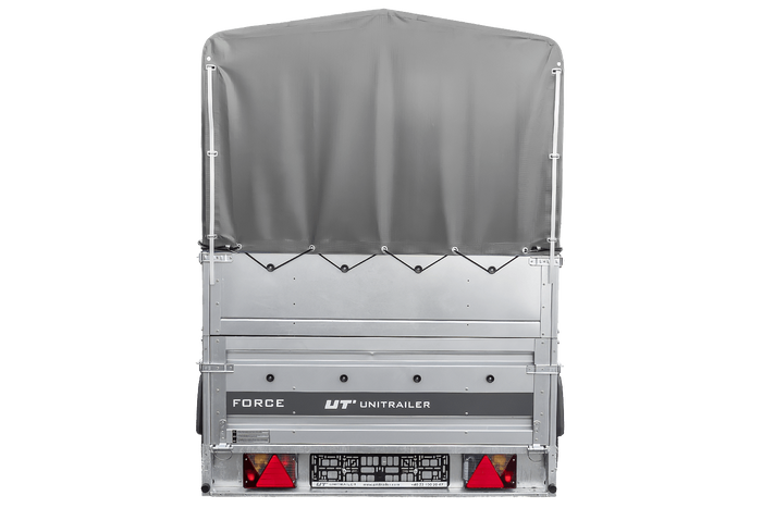 Jednonápravový přívěs na pružinách 230x125 UNITRAILER FORCE 230/R KIPP s bočnicemi BIS, rámem H-800 a šedým krytem