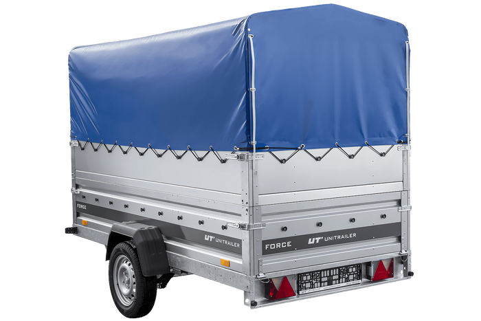 Lehký přívěs na pružinách 264x125 UNITRAILER FORCE 264/R KIPP s bočnicemi BIS, rámem H-800 a modrým krytem