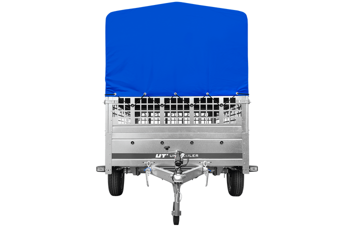 ZAHRADNÍ PŘÍVĚS 264 KIPP S PODPĚRNÝM KOLEM, SÍŤOVANÝMI STRANAMI, RÁMEM H-800 A MODRÝM KRYTEM