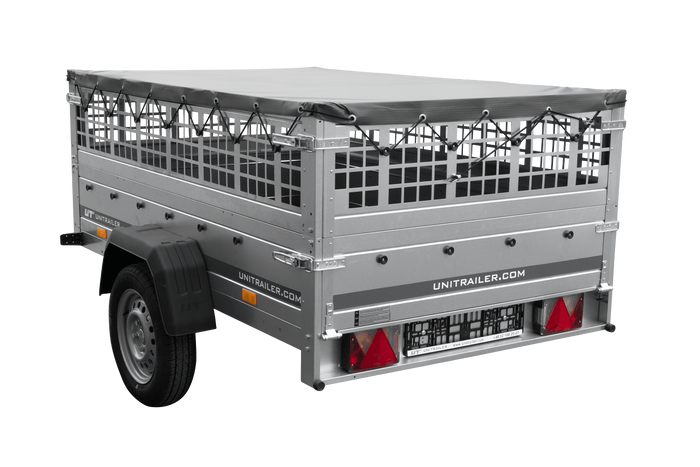 Jednonápravový přívěs 200x125 UNITRAILER GARDEN 201 KIPP s pletivovými bočnicemi a šedou plachtou