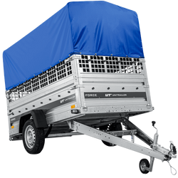 Přívěs za auto na pružinách 230x125 UNITRAILER FORCE 230/R KIPP s pletivovými bočnicemi, rámem H-800 a modrým krytem