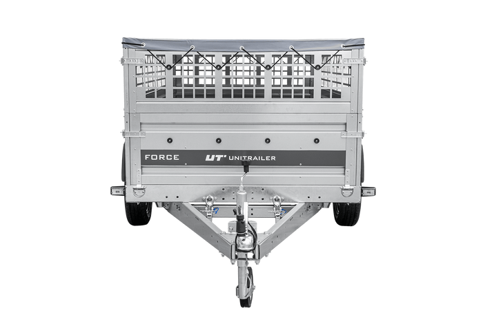 Lehký přívěs na pružinách 230x125 UNITRAILER FORCE 230/R KIPP s pletivovými bočnicemi, rámem H-0 a šedým krytem