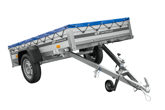 Jednonápravový přívěs s hliníkovými bočnicemi 230x125 Unitrailer Garden 230 KIPP ALU s rámem H-0 a modrým krytem