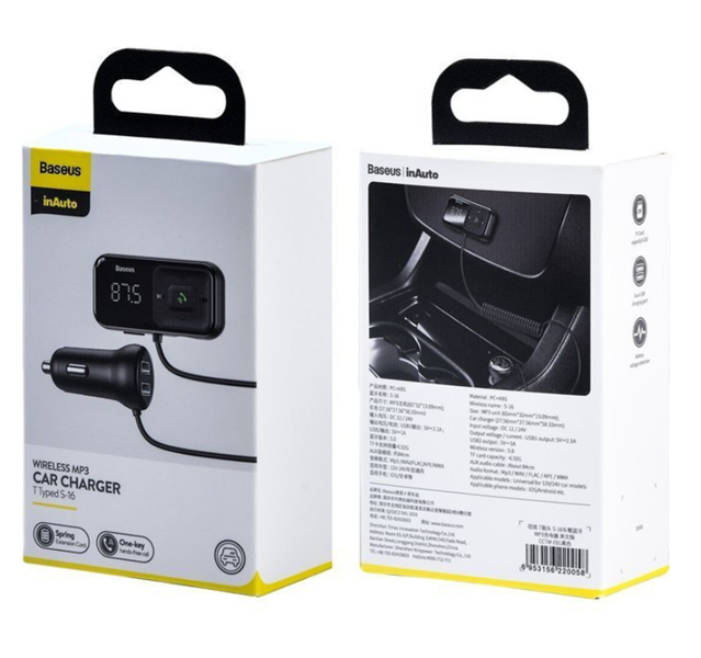 FM vysílač BASEUS T typu S-16 bluetooth 5.0 MP3 + autonabíječka 2x USB