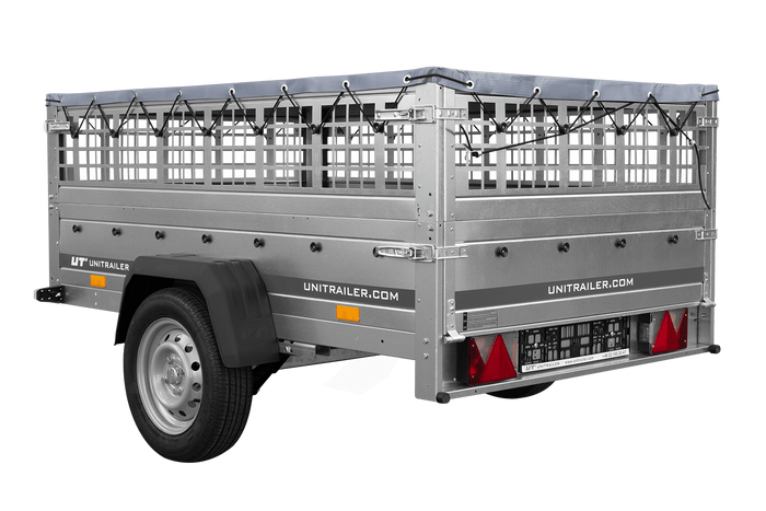 Přívěs za auto na pružinách 200x125 UNITRAILER GARDEN 201/R KIPP s pletivovými bočnicemi, rámem H-0 a šedým krytem