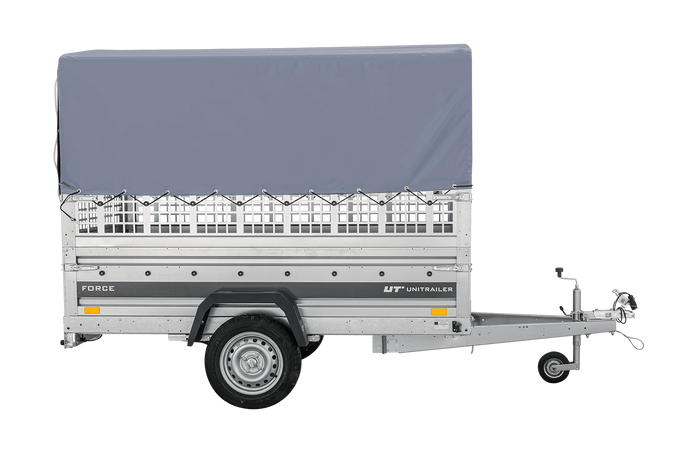 Přívěs za auto na pružinách 230x125 UNITRAILER FORCE 230/R KIPP s pletivovými bočnicemi, rámem H-800 a šedým krytem