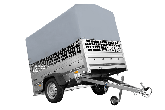 Jednonápravový přívěs na pružinách 200x125 UNITRAILER GARDEN 201/R KIPP s pletivovými bočnicemi, rámem H-800 a šedým krytem