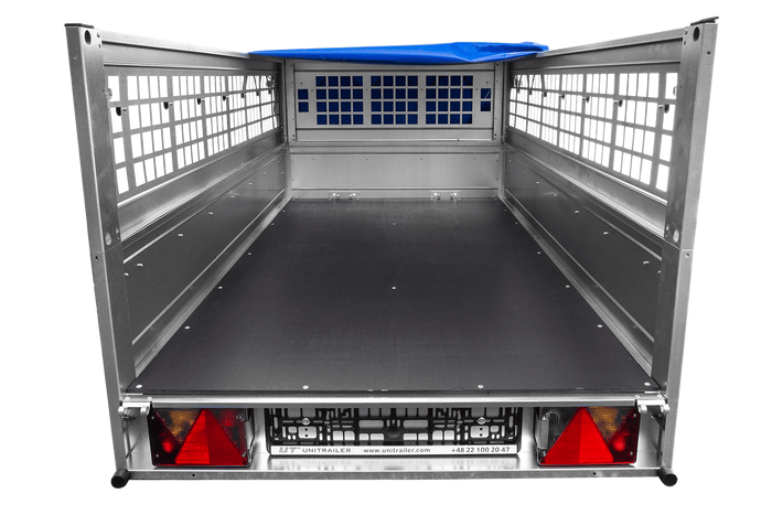 Lehký přívěs 200x106 UNITRAILER GARDEN 200 KIPP s pletivovými bočnicemi, rámem H-0 a modrým krytem