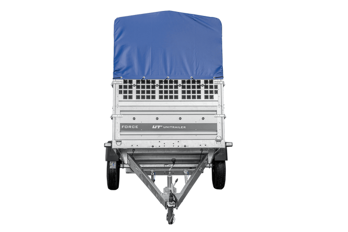 Přívěs pro auto 264x125 UNITRAILER FORCE 264 KIPP s pletivovými bočnicemi, rámem H-800 a modrým krytem
