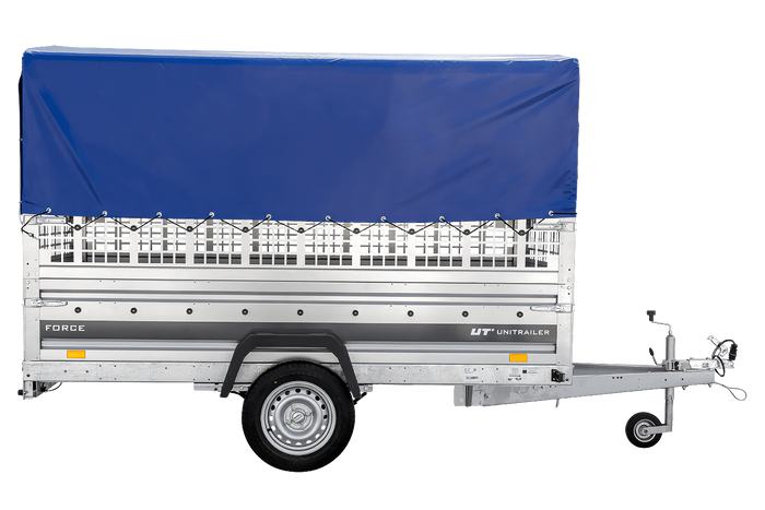Přívěs za auto na pružinách 264x125 UNITRAILER FORCE 264/R KIPP s pletivovými bočnicemi, rámem H-800 a modrým krytem