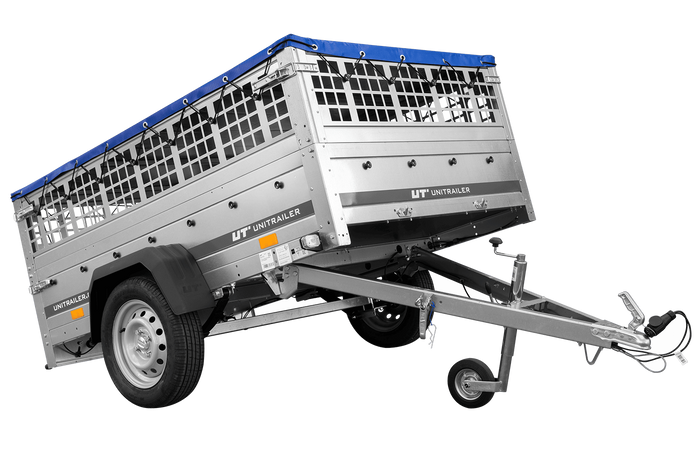 Přívěs za auto na pružinách 200x125 UNITRAILER GARDEN 201/R KIPP s pletivovými bočnicemi, rámem H-0 a modrým krytem