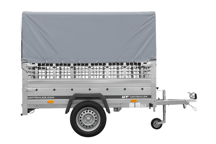 Jednonápravový přívěs 200x125 UNITRAILER GARDEN 201 KIPP s pletivovými bočnicemi, rámem H-800 a šedým krytem