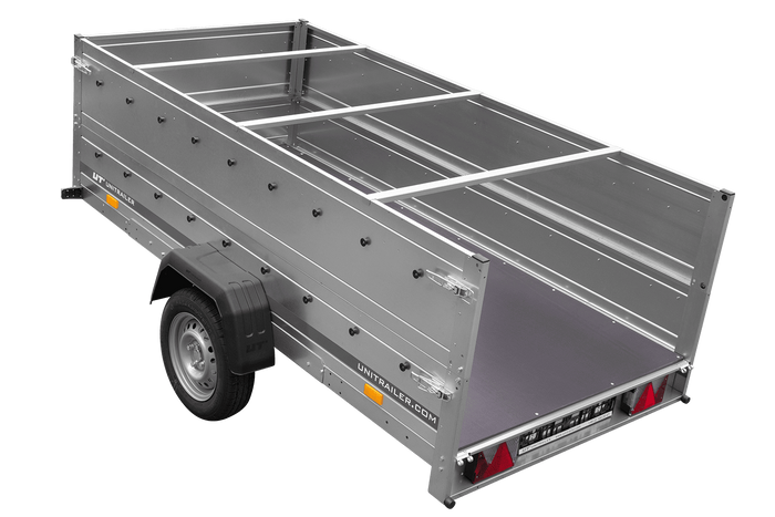 Jednonápravový přívěs na pružinách 264x125 UNITRAILER GARDEN 264/R KIPP s bočnicemi BIS, rámem H-0 a modrou plachtou