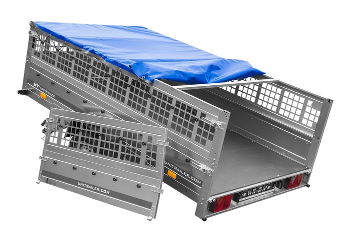 Lehký přívěs 264x150 UNITRAILER GARDEN 265 KIPP s pletivovými bočnicemi, rámem H-0 a modrým krytem