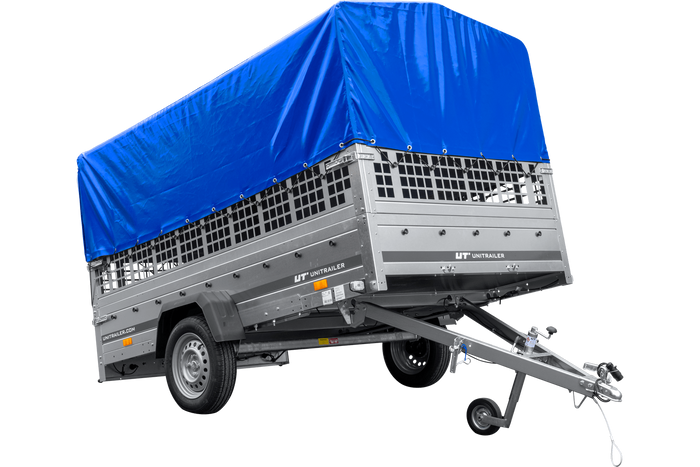 Přívěs za auto 264x150 UNITRAILER GARDEN 265 KIPP se síťovanými bočnicemi, rámem H-800 a modrým krytem