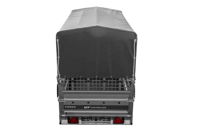 Přívěs pro auto 264x125 UNITRAILER FORCE 264 KIPP s pletivovými bočnicemi, rámem H-800 a šedým krytem