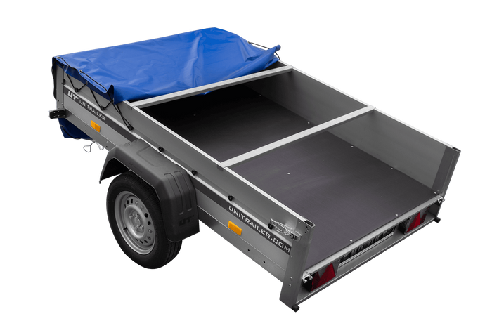 Jednonápravový přívěs s hliníkovými bočnicemi 200x125 Unitrailer Garden 201 KIPP ALU s rámem H-0 a modrým krytem
