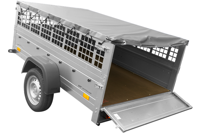 Přívěs za auto 200x125 UNITRAILER GARDEN 201 KIPP s pletivovými bočnicemi, rámem H-0 a šedým krytem