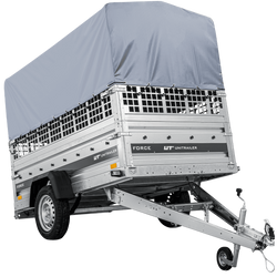 Přívěs za auto na pružinách 230x125 UNITRAILER FORCE 230/R KIPP s pletivovými bočnicemi, rámem H-800 a šedým krytem