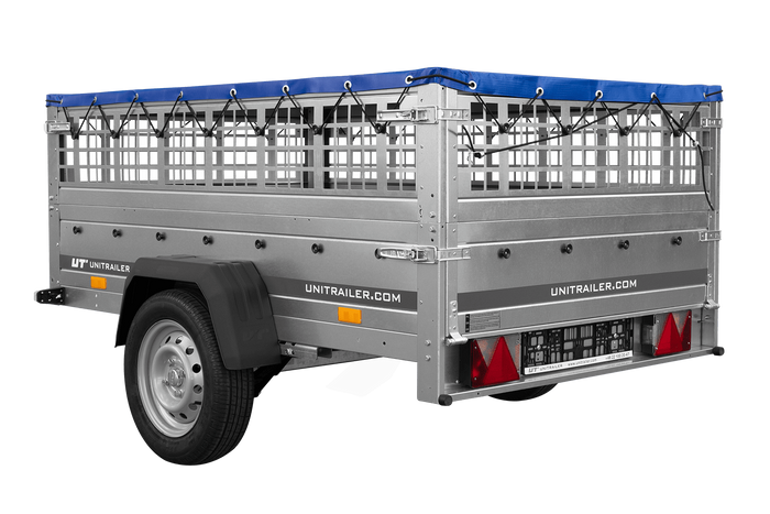 Přívěs za auto na pružinách 200x125 UNITRAILER GARDEN 201/R KIPP s pletivovými bočnicemi, rámem H-0 a modrým krytem