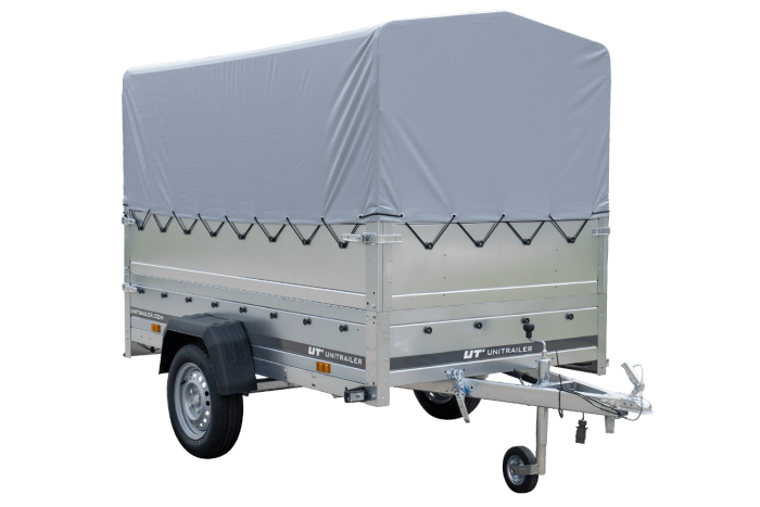 Přívěs za auto na pružinách 230x125 UNITRAILER GARDEN 230/R KIPP s bočnicemi BIS, rámem H-800 a šedým krytem