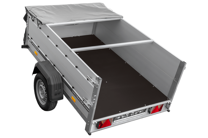 Přívěs za auto s hliníkovými bočnicemi 200x125 Unitrailer Garden 201 KIPP ALU s bočnicemi BIS, rámem H-0 a šedým krytem